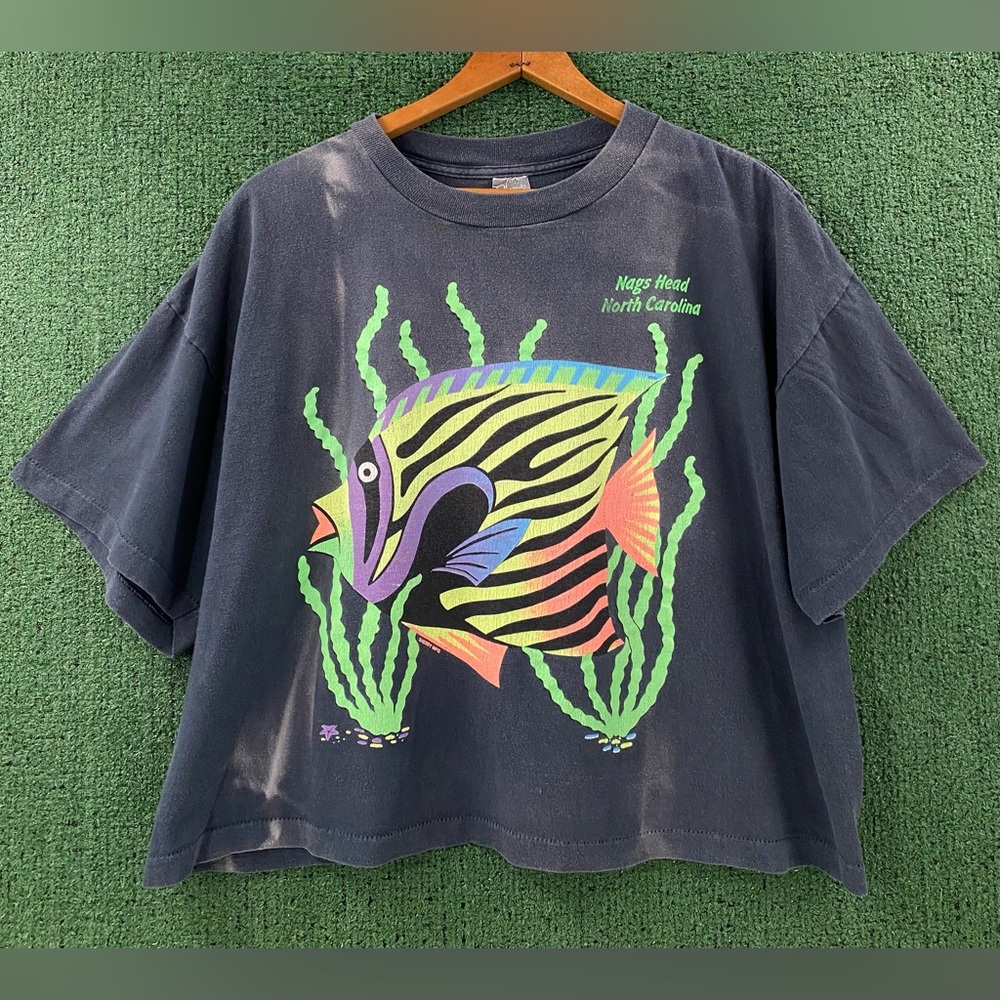 VTG 80’s Tropical Fish Nags Head NC Faded Cropped Top T-Shirt Women’s SZ XL